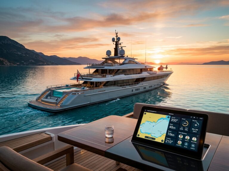 Un lussuoso superyacht moderno naviga su acque cristalline al tramonto, con un'interfaccia digitale che mostra la gestione del viaggio. (Immagine generata con IA)