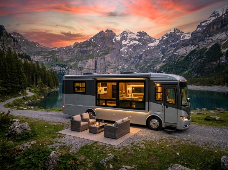 Un moderno motorhome di lusso parcheggiato in un ambiente naturale al tramonto, con interni eleganti visibili attraverso le grandi finestre (Immagine generata con IA).