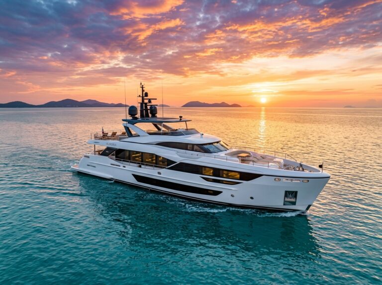 Un superyacht di lusso naviga elegantemente in un mare cristallino al tramonto, con i suoi interni sfarzosi che si intravedono dalle ampie finestre panoramiche. (Immagine generata con IA)