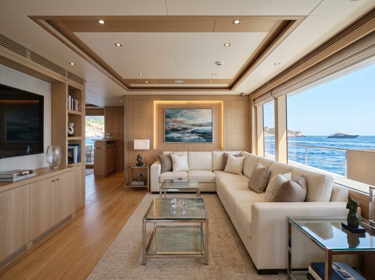 Un lussuoso salone interno di un superyacht Numarine, con arredi eleganti, ampie finestre panoramiche sull'oceano e dettagli raffinati che evocano comfort e design di alta classe (Immagine generata con IA).