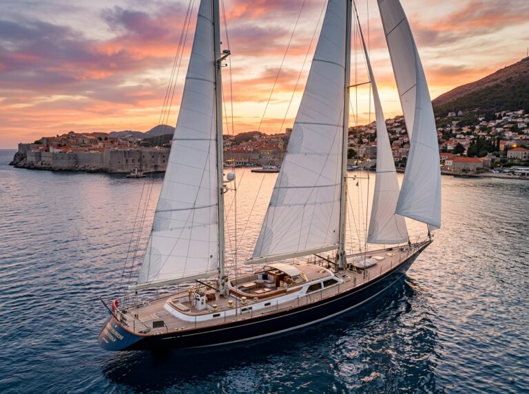 Maestoso veliero di lusso Orient Express Corinthian al tramonto, con vele bianche spiegate, nel Golfo di Trieste. (Immagine generata con IA)