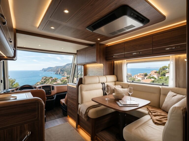 Interno lussuoso di un motorhome con un moderno sistema di climatizzazione integrato e arredi raffinati, che offre comfort e stile durante i viaggi (Immagine generata con IA).