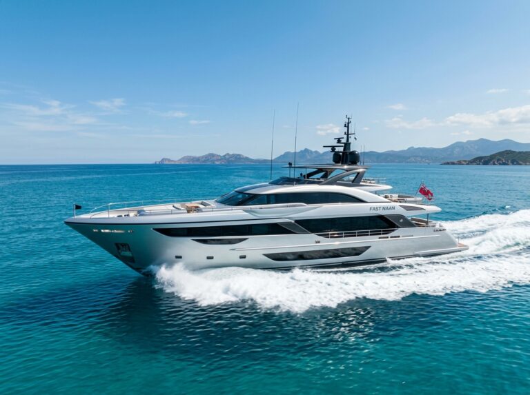 Un lussuoso superyacht chiamato 'Fast Naan' che naviga ad alta velocità su un mare cristallino, simbolo di eleganza e performance nel viaggio di lusso (Immagine generata con IA).
