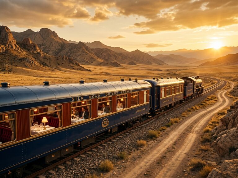 Interno ed esterno di un treno di lusso con dettagli in ottone e legno, che attraversa un paesaggio montuoso e pianeggiante tra Pechino e Tashkent al tramonto. (Immagine generata con IA)