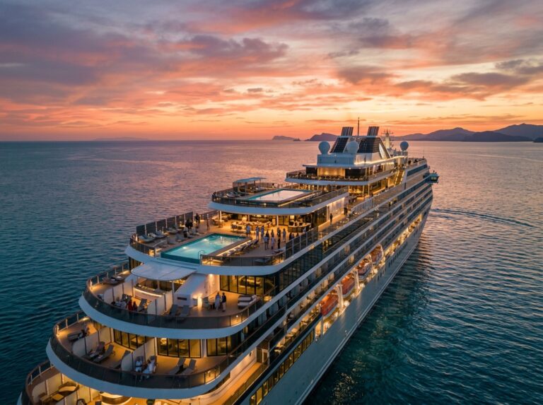 Una lussuosa nave da crociera di design moderno, illuminata da luci soffuse, solca un mare calmo al tramonto, mostrando ponti opulenti e piscine a sfioro. (Immagine generata con IA)