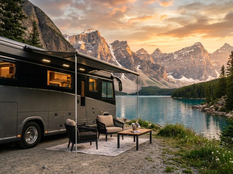 Un lussuoso motorhome moderno parcheggiato in un paesaggio montano sereno al tramonto, con un lago cristallino e un'area salotto esterna elegante. (Immagine generata con IA)