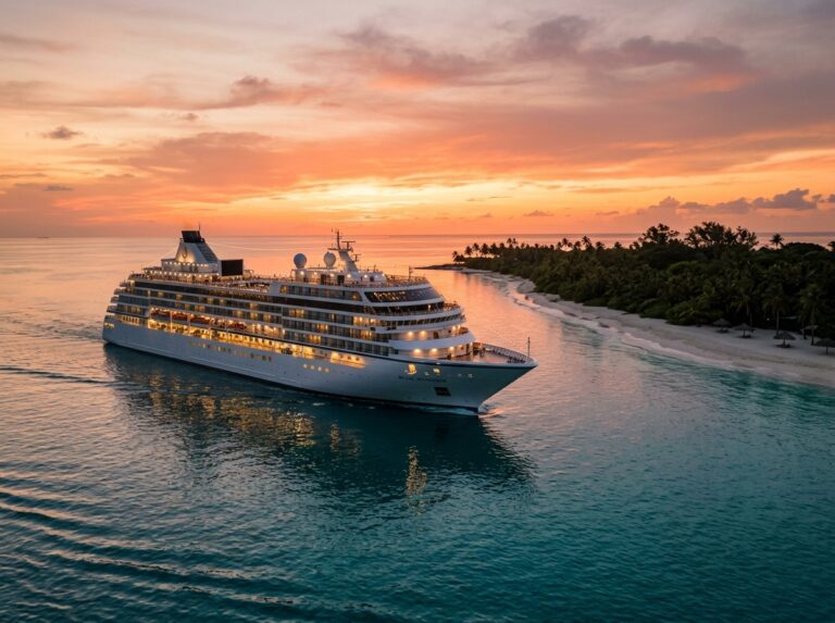Una lussuosa nave da crociera Crystal che naviga al tramonto in acque cristalline vicino a un'isola tropicale, evocando un'esperienza di viaggio esclusiva e serena (Immagine generata con IA).
