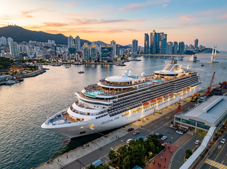 Una lussuosa nave da crociera europea ormeggiata nel porto di Busan, Corea del Sud, con lo skyline moderno della città sullo sfondo, al tramonto. (Immagine generata con IA)