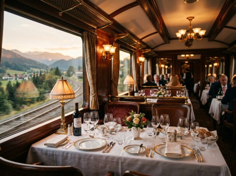 Interno di un lussuoso vagone ristorante di un treno storico, con tavoli elegantemente apparecchiati e ampie finestre che mostrano un paesaggio montano. (Immagine generata con IA)