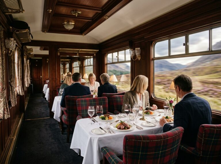 Interno lussuoso del treno Royal Scotsman, con una sala da pranzo elegante e finestre panoramiche che mostrano il paesaggio scozzese (Immagine generata con IA).