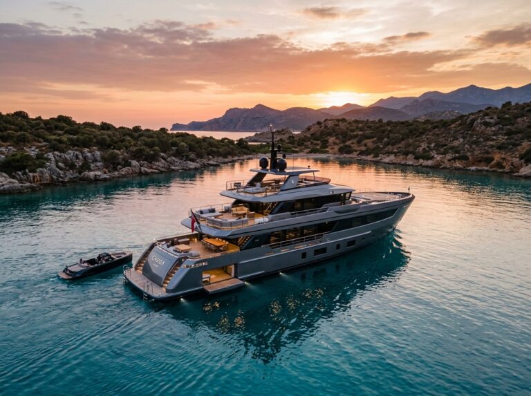 Canoa, un superyacht explorer di 50 metri, naviga in acque cristalline al tramonto, simbolo di lusso e avventura. (Immagine generata con IA)