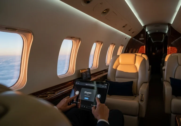 Interno di un jet privato di lusso con eleganti finiture in legno e pelle, mentre le mani di una persona interagiscono con un tablet per un pagamento digitale, con vista sulle nuvole al tramonto.