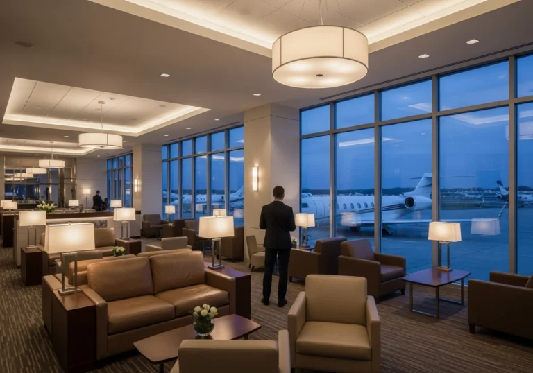 Interno elegante di una lounge per jet privati a Nashville, con grandi finestre che si affacciano su aerei parcheggi al crepuscolo e una persona di spalle.