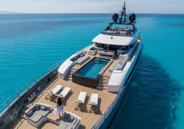 Vista aerea di un elegante superyacht con piscina e prendisole sul ponte, che naviga in acque cristalline nel Mediterraneo.