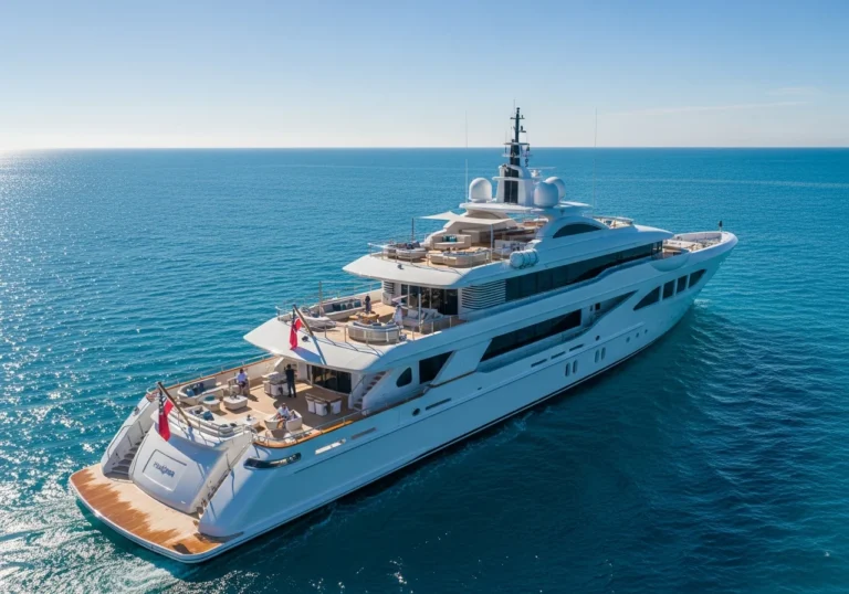 Un maestoso superyacht Feadship di 80 metri naviga su acque calme e cristalline, con le sue linee eleganti e ampi ponti esterni visibili da una prospettiva aerea.