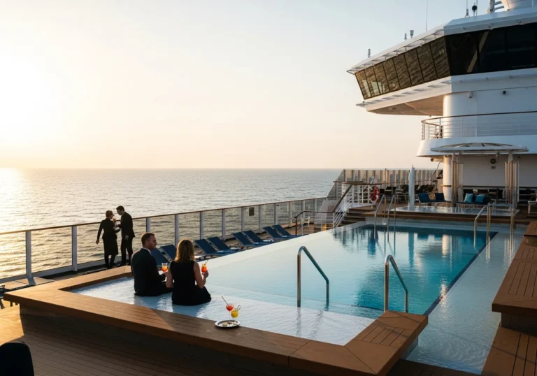 Ponte lussuoso di una nave da crociera di ultima generazione al tramonto, con silhouette di ospiti che ammirano l'oceano e una piscina a sfioro.