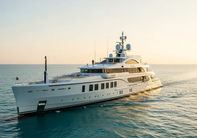 Un maestoso superyacht Feadship di 90 metri, il 'Milky Way', naviga su acque turchesi al tramonto, con le sue linee eleganti e ampi ponti illuminati dalla luce dorata.