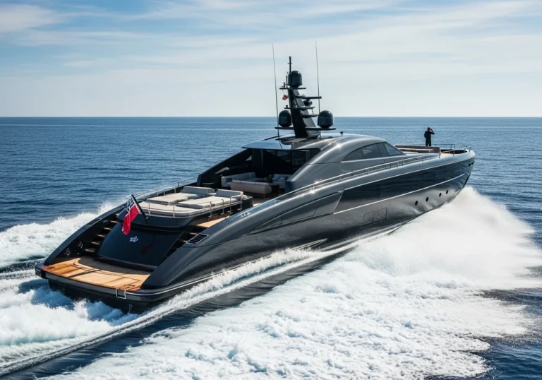 Superyacht in fibra di carbonio di lusso ad alta velocità che naviga in acque blu cristalline, con una scia drammatica e una persona di spalle sul ponte.