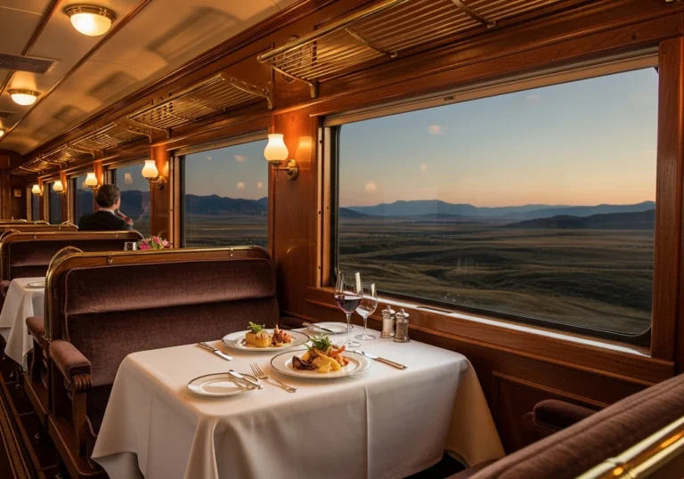 Interno di un lussuoso vagone ristorante di un treno storico, con arredi in legno e velluto, e grandi finestre panoramiche che mostrano un paesaggio montano al tramonto.