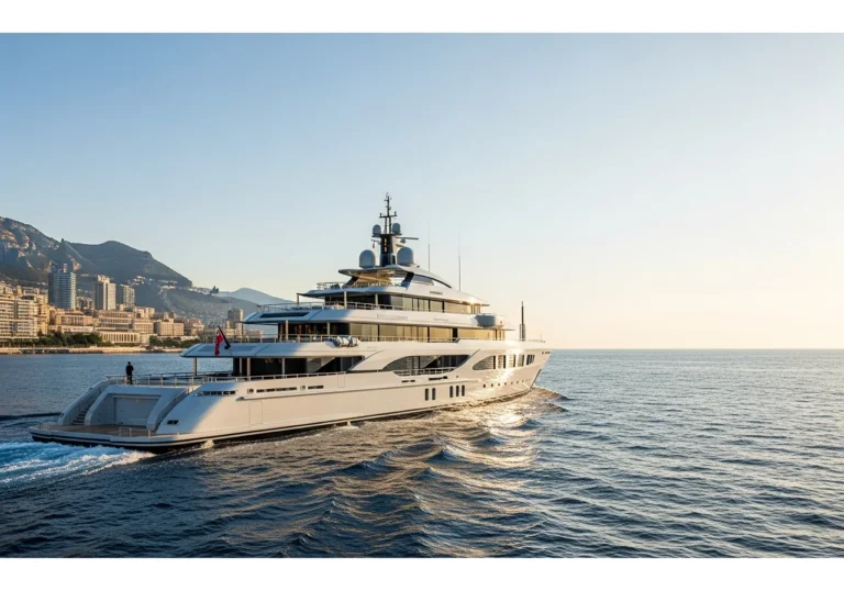 Un megayacht di lusso moderno, con ampi ponti e linee eleganti, naviga nelle acque azzurre del Mediterraneo al tramonto, con lo skyline di Monaco sullo sfondo.