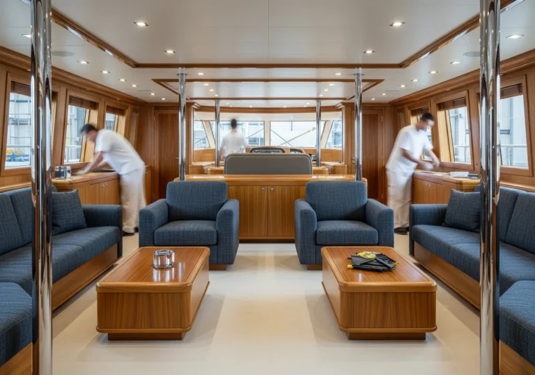 Interno lussuoso di un superyacht in fase di refit in un cantiere navale, con divani pregiati, boiserie in legno lucido e dettagli in metallo cromato.