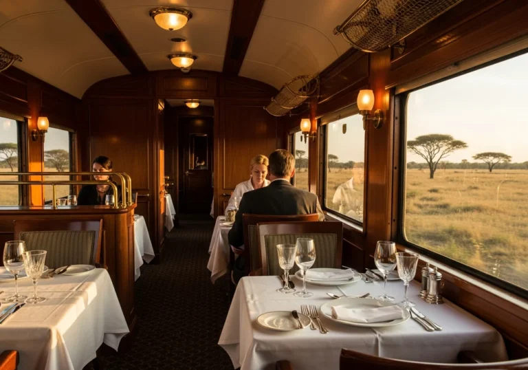 Interno di un lussuoso vagone ristorante di un treno d'epoca, con finestre che mostrano una savana africana al tramonto.