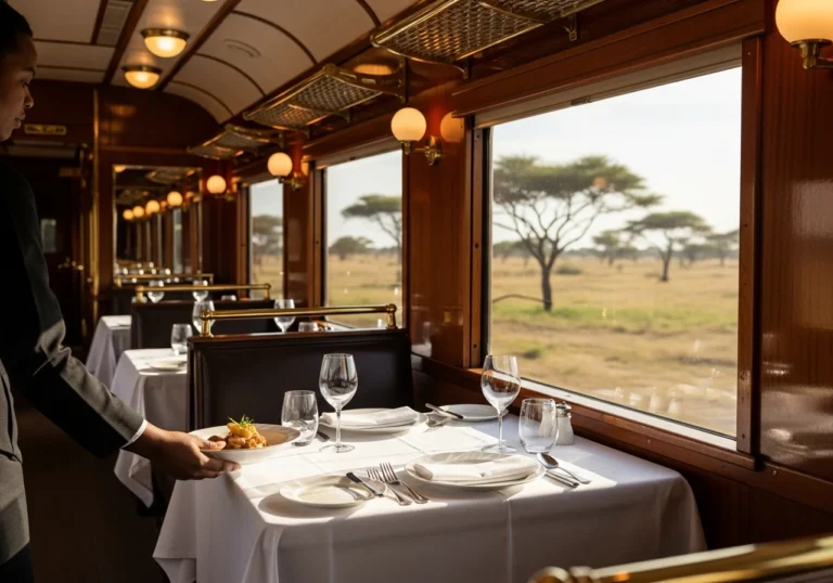 Interno lussuoso di un vagone ristorante del Rovos Rail, con arredi in legno pregiato e ottone, tavoli imbanditi e un panorama della savana africana visibile dal finestrino.