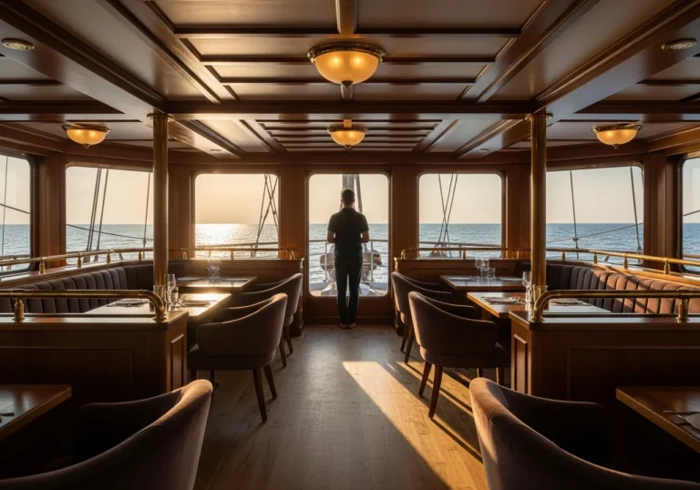 Interno di un lussuoso veliero Orient Express, con arredi in legno pregiato, dettagli in ottone lucido e ampie finestre che offrono una vista panoramica sul mare al tramonto.