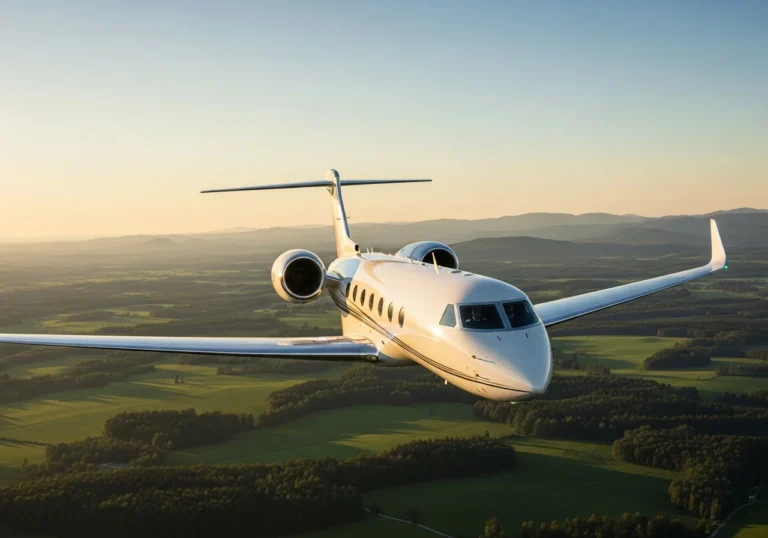 Un lussuoso jet privato Gulfstream di colore scuro in volo sopra una vasta distesa di verdi colline al tramonto, simboleggiando un futuro di viaggi aerei sostenibili.