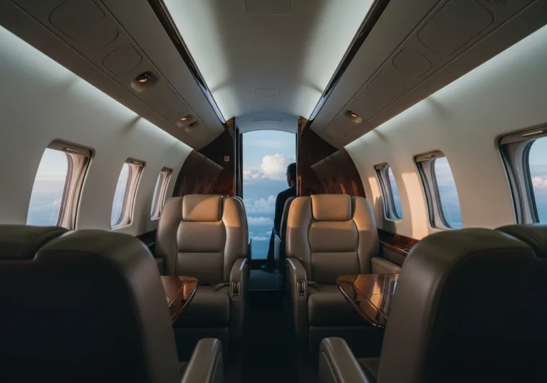 Interno lussuoso di un jet privato, con sedili in pelle e finiture in legno, mentre vola sopra le nuvole tempestose al tramonto, garantendo una fuga sicura ed elegante.