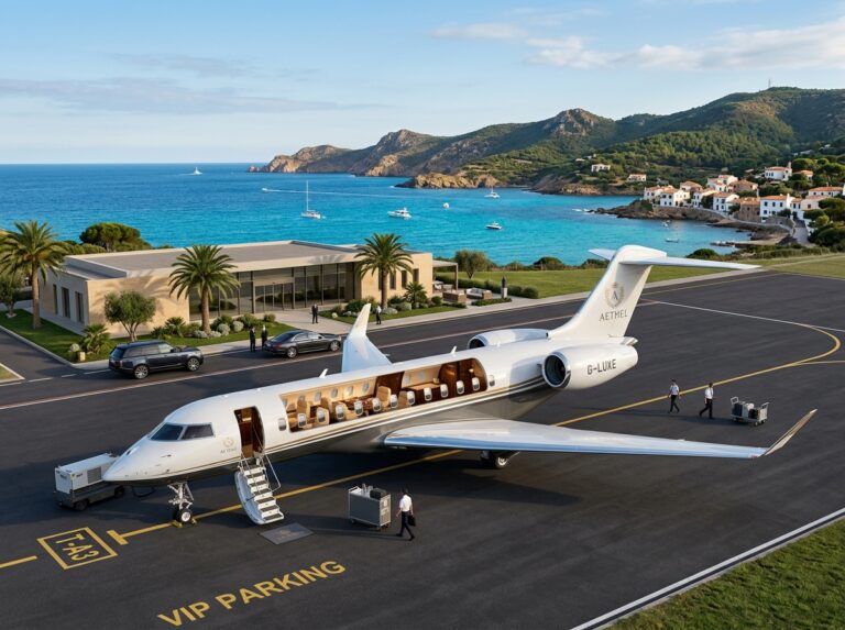 Un lussuoso jet privato parcheggiato su una pista esclusiva con il mare cristallino e colline verdi sullo sfondo, simbolo di viaggi eleganti e rapidi tra Milano e il Mediterraneo (Immagine generata con IA).