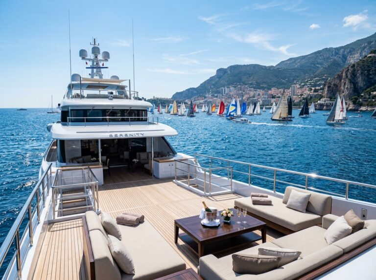 Un lussuoso megayacht ancorato in una baia, con un'elegante regata di barche a vela che si svolge in lontananza su acque cristalline. Sul ponte del megayacht si intravedono arredi di design e coppe di champagne, simbolo di un'esperienza esclusiva. (Immagine generata con IA)
