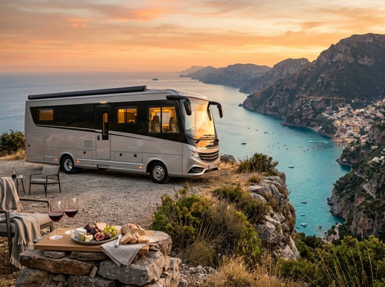 Un lussuoso motorhome moderno con ampie finestre panoramiche, parcheggiato su una scogliera che si affaccia sulla costa mediterranea al tramonto, con un allestimento da picnic elegante all'esterno. (Immagine generata con IA)