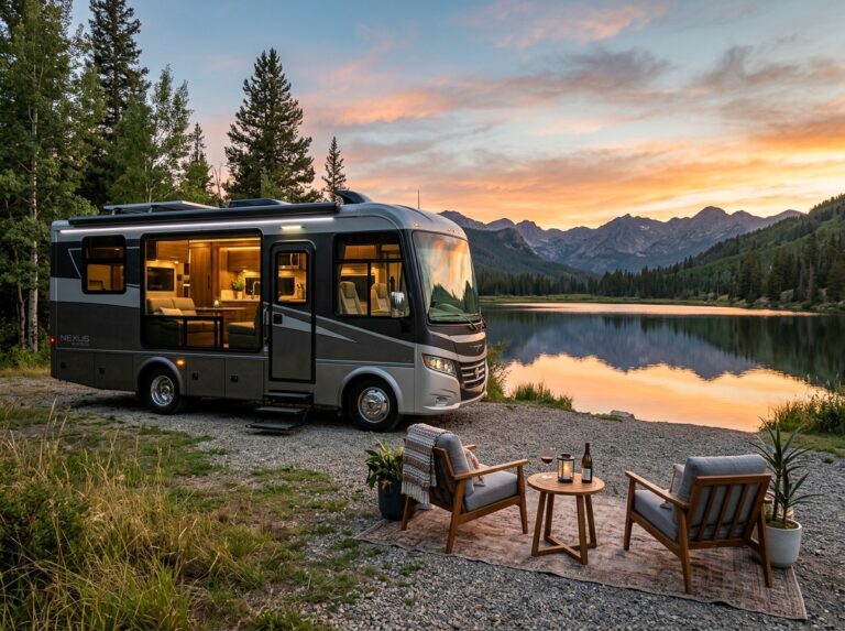 Un motorhome di lusso ultramoderno parcheggiato sul bordo di un lago sereno al tramonto, con interni eleganti visibili attraverso le grandi finestre. (Immagine generata con IA)