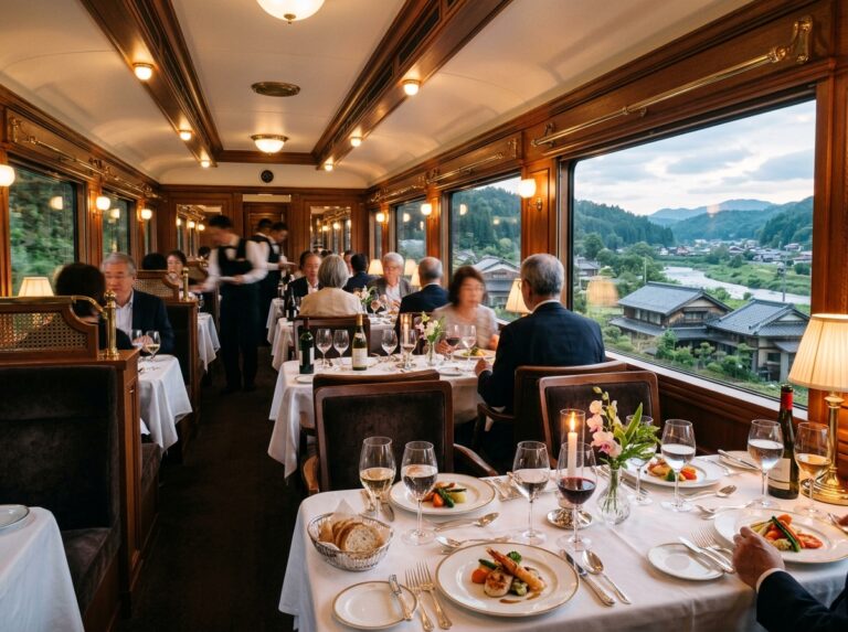 Interni lussuosi di un vagone ristorante di un treno in Giappone, dove eleganti passeggeri gustano una raffinata cena francese mentre il paesaggio nipponico scorre oltre i finestrini panoramici. (Immagine generata con IA)