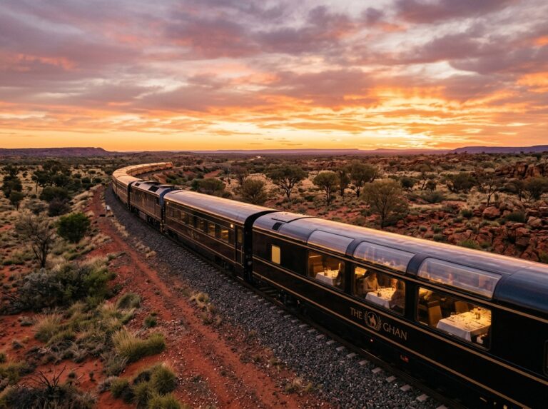 Un lussuoso treno con grandi finestre panoramiche che attraversa il vibrante outback australiano al tramonto. (Immagine generata con IA)