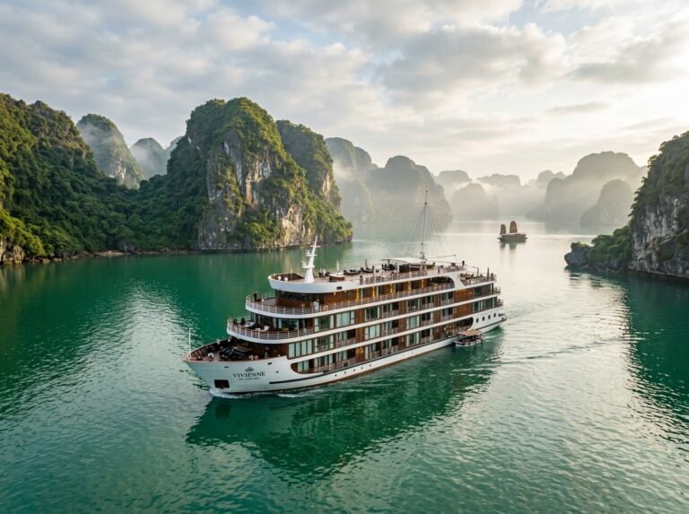 Nave da crociera di lusso naviga tra gli iconici faraglioni della Baia di Ha Long, Vietnam, con un'atmosfera serena e paesaggi mozzafiato. (Immagine generata con IA)