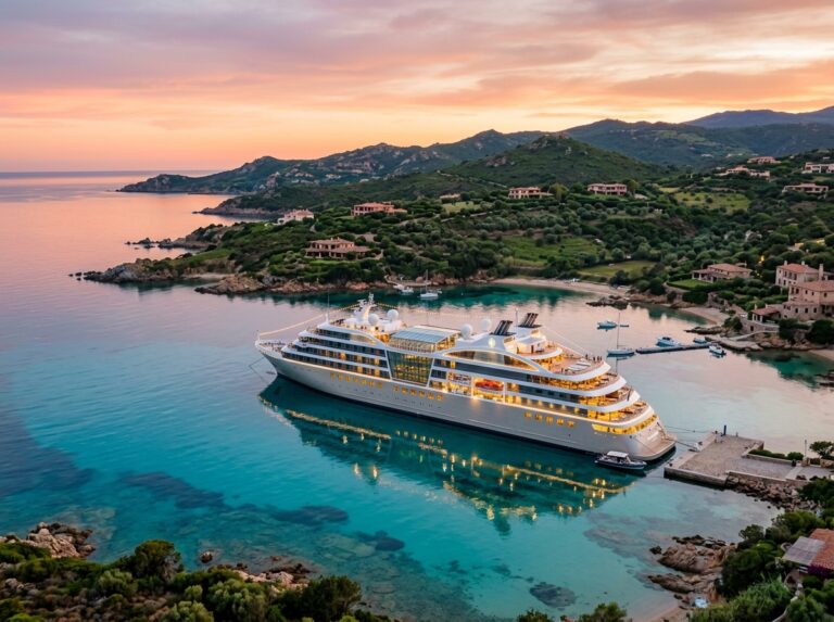 Lussuosa nave da crociera moderna ormeggiata in una baia sarda al tramonto, con acque cristalline e una costa idilliaca. (Immagine generata con IA)