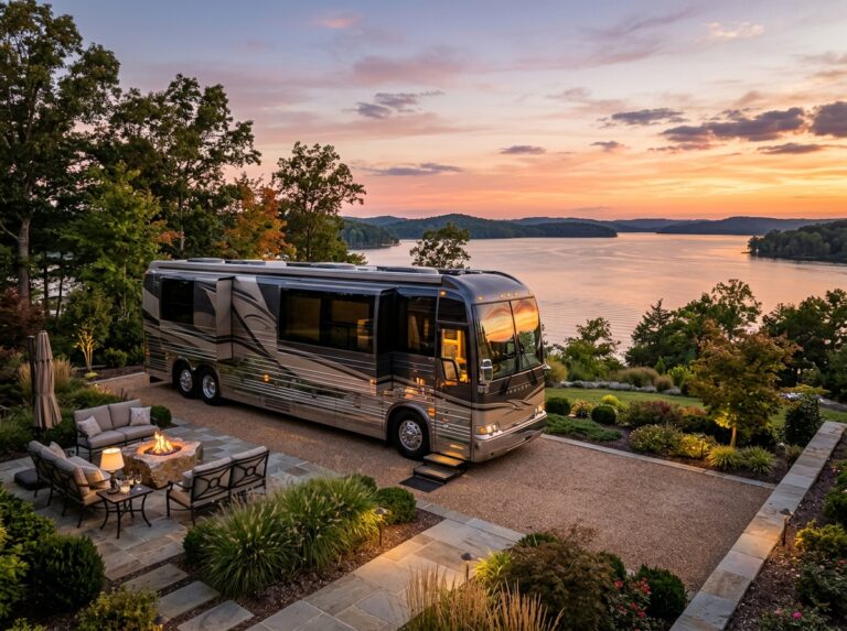 Un motorhome di lusso parcheggiato in una piazzola esclusiva con vista su un lago tranquillo al tramonto, arredamento esterno elegante e luci soffuse. (Immagine generata con IA)