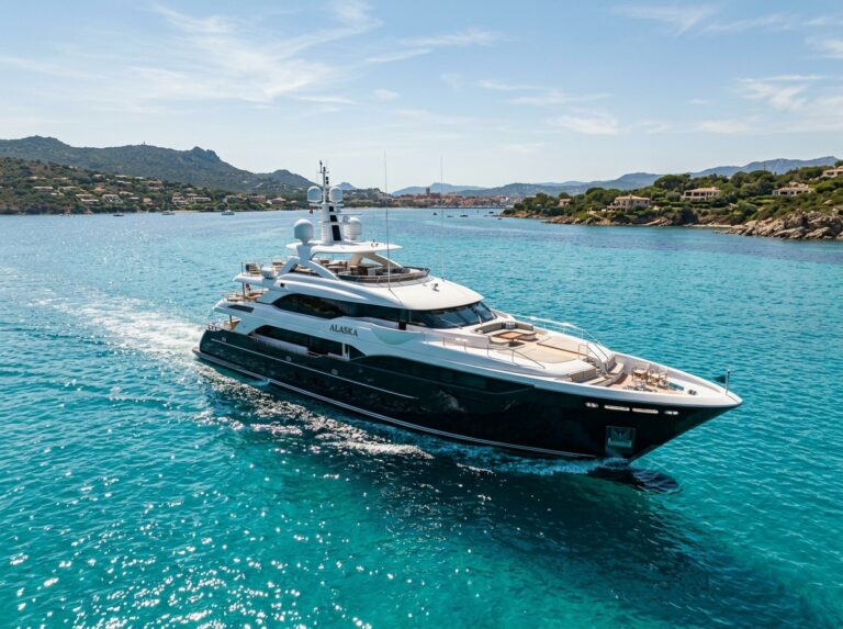 Un lussuoso superyacht CRN di 46 metri con design moderno, che naviga in acque cristalline sotto un cielo azzurro, con una costa in lontananza. (Immagine generata con IA)