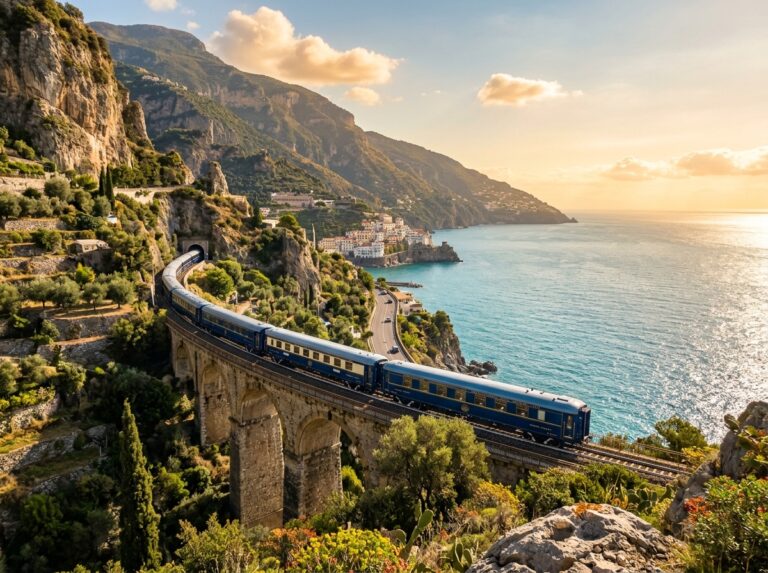 Treno Orient Express di lusso che percorre la suggestiva Costiera Amalfitana, tra scogliere e mare cristallino (Immagine generata con IA).