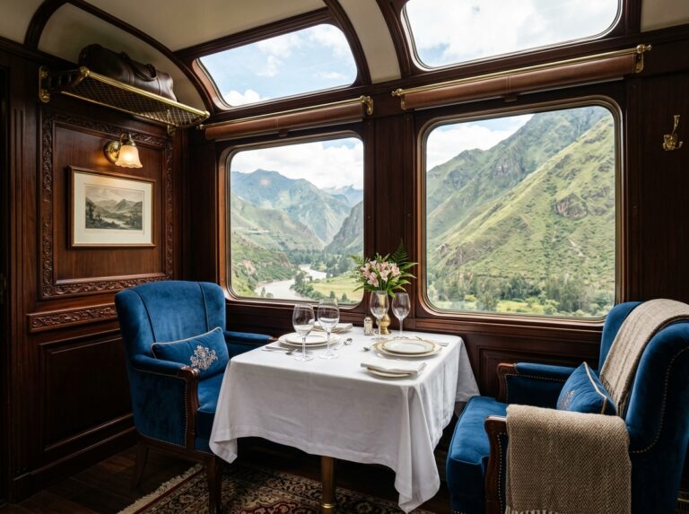 Interno di un lussuoso vagone ferroviario vintage, con ampie finestre che mostrano le maestose montagne andine del Perù e un fiume serpeggiante. Arredi in velluto e legno scuro creano un'atmosfera elegante. (Immagine generata con IA)