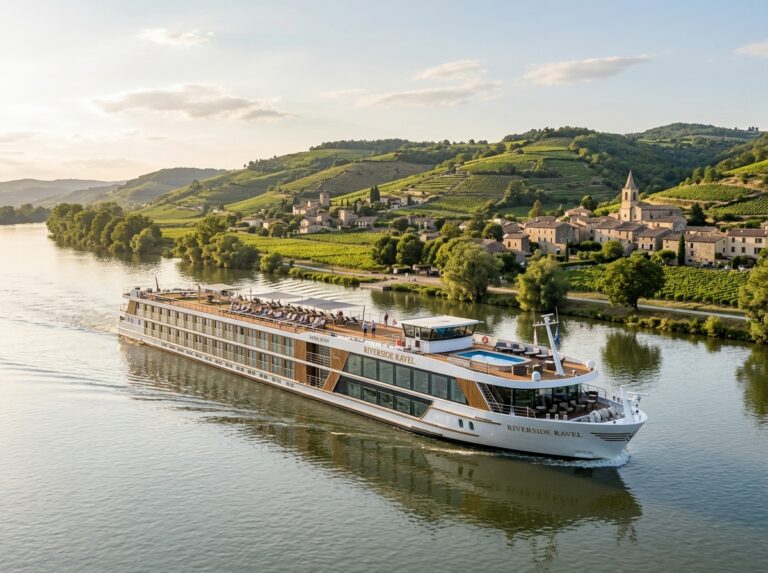 Il lussuoso battello fluviale Riverside Ravel mentre naviga placidamente sul fiume Rodano, circondato da paesaggi pittoreschi. (Immagine generata con IA)