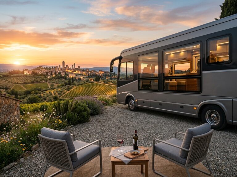 Un lussuoso motorhome moderno parcheggiato su una collina panoramica italiana al tramonto, con vista su un villaggio pittoresco e vigneti. (Immagine generata con IA)