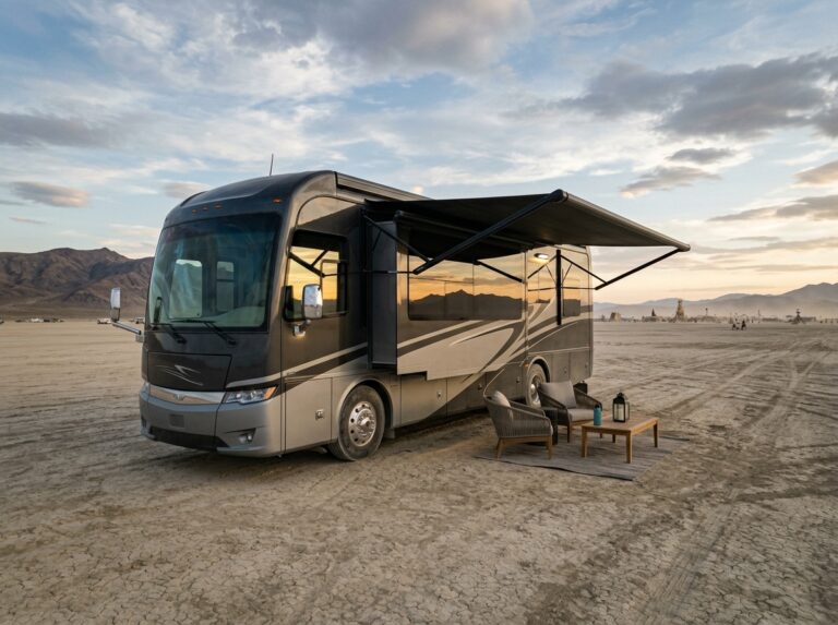 Un lussuoso motorhome di alta gamma parcheggiato nel deserto di Black Rock, Nevada, durante un festival, con mobili da esterno eleganti sotto un tendalino (Immagine generata con IA).