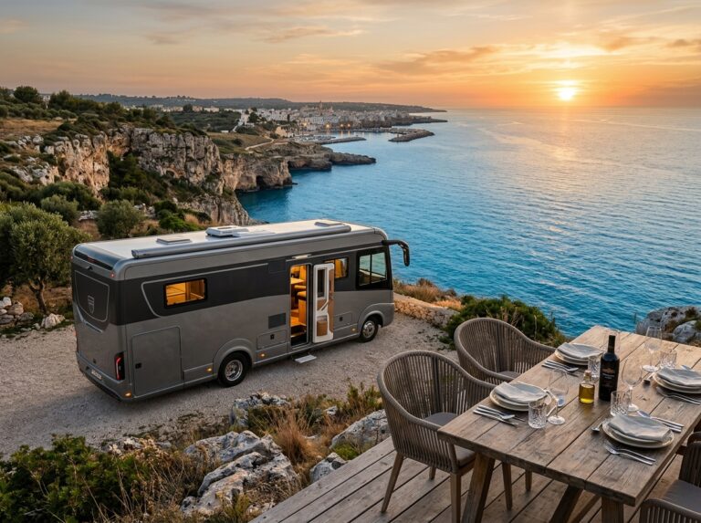 Un lussuoso motorhome moderno parcheggiato su una scogliera pugliese, affacciato sul mare Adriatico al tramonto, con una tavola imbandita all'esterno per una cena gourmet. (Immagine generata con IA)