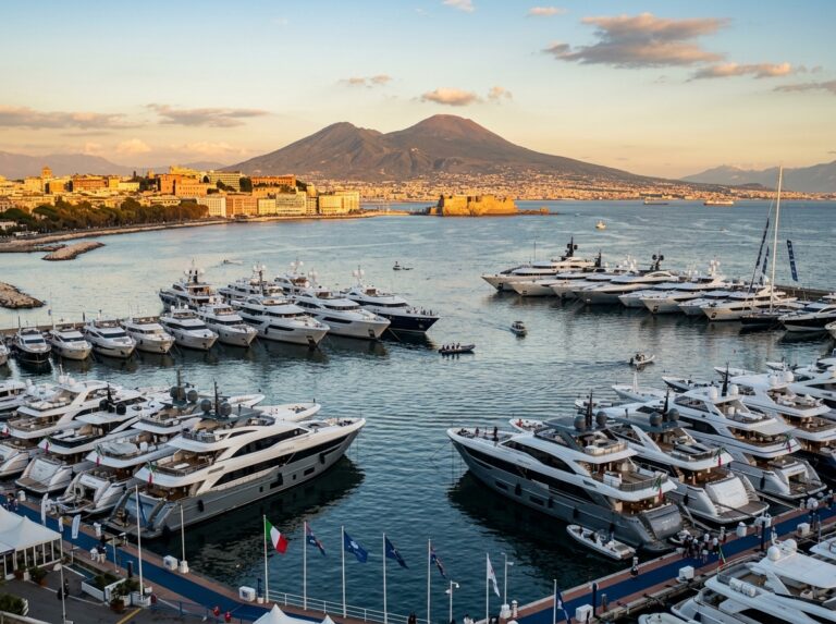 Una flotta di superyacht di lusso ormeggiati nell'elegante Golfo di Napoli, con il Vesuvio sullo sfondo al tramonto, durante l'America's Cup (Immagine generata con IA).