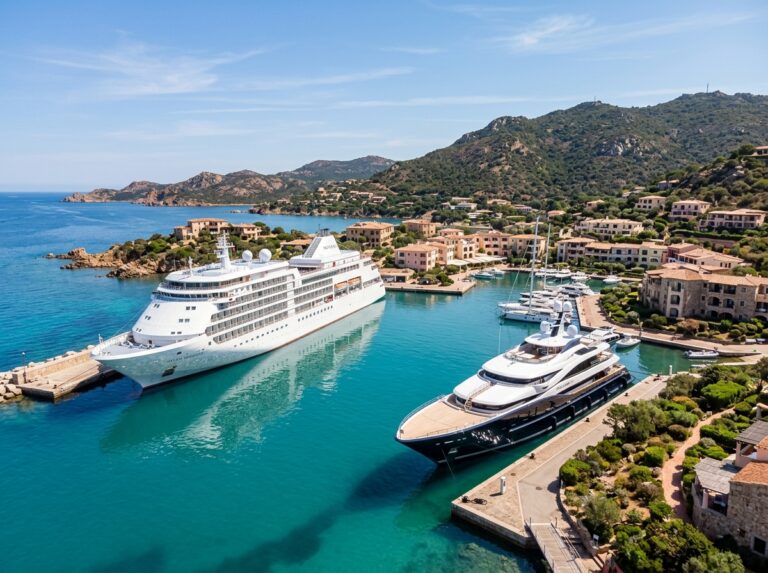 Un'immagine ultra-realistica di una nave da crociera di lusso e uno yacht elegante ormeggiati in un pittoresco porto sardo con acque cristalline e architettura mediterranea sullo sfondo. (Immagine generata con IA)