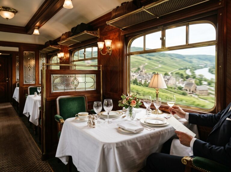 Interno lussuoso di un vagone del Venice Simplon-Orient-Express, con tavoli imbanditi e dettagli in legno pregiato, mentre il paesaggio europeo scorre fuori dal finestrino. (Immagine generata con IA)