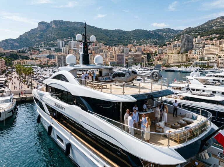 Un lussuoso superyacht ormeggiato a Port Hercule durante il Monaco Yacht Show, con ospiti elegantemente vestiti che ammirano il panorama e lo skyline di Monaco (Immagine generata con IA).